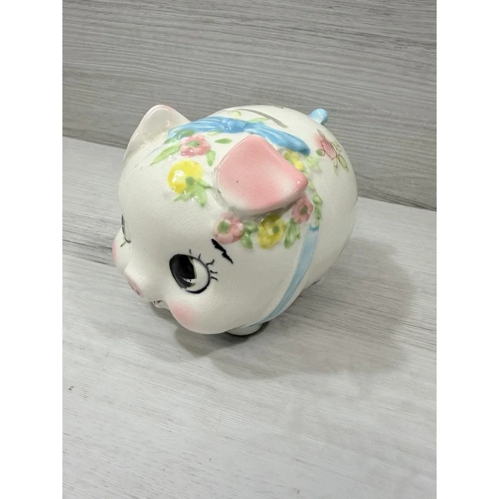 MCM Anthropomorphic Kitsch Pink White Floral Ceramic Piggy Bank